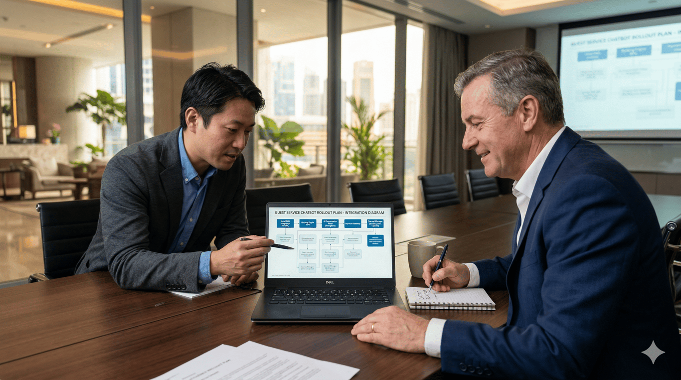 Consultant and hotelier discussing chatbot implementation strategy
