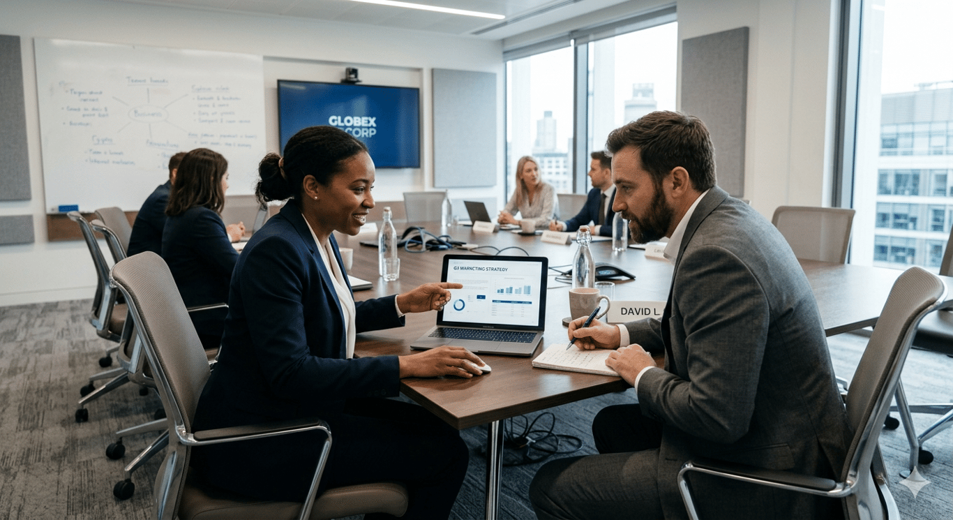 Two professionals are reviewing a laptop screen displaying a hotel AI strategy plan at a conference table. 