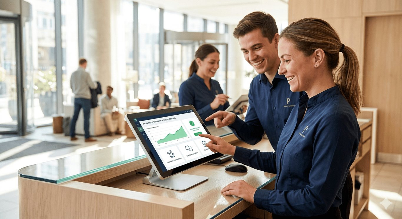 Two hotel staff members are standing behind a front desk, looking happily at a tablet screen. 