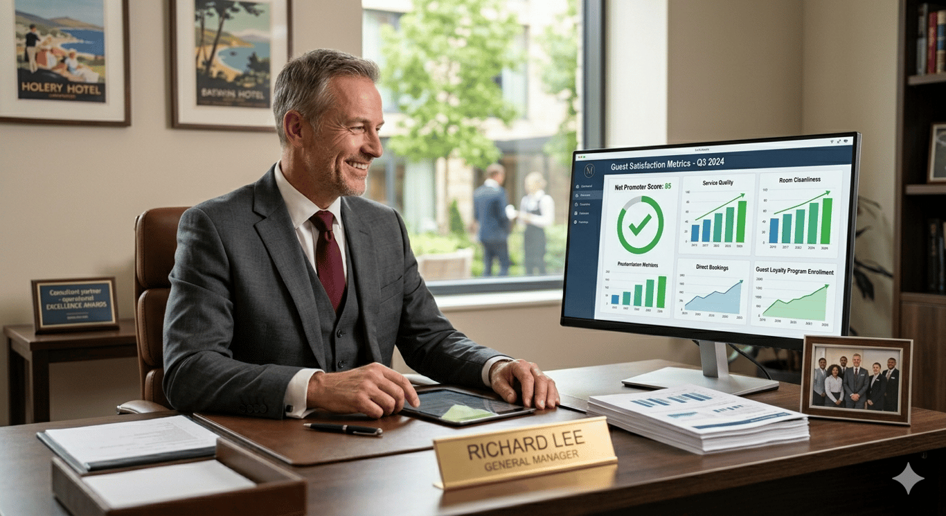 Hotel general manager smiling while reviewing positive guest satisfaction metrics on a desktop monitor