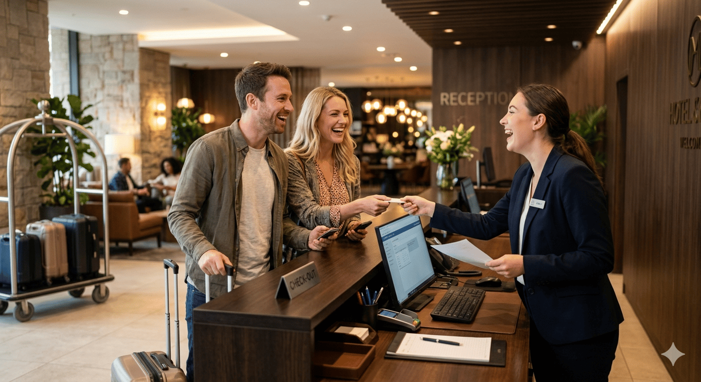 Hotel guests smiling and saying goodbye to front desk staff during checkout at a modern hotel reception desk 