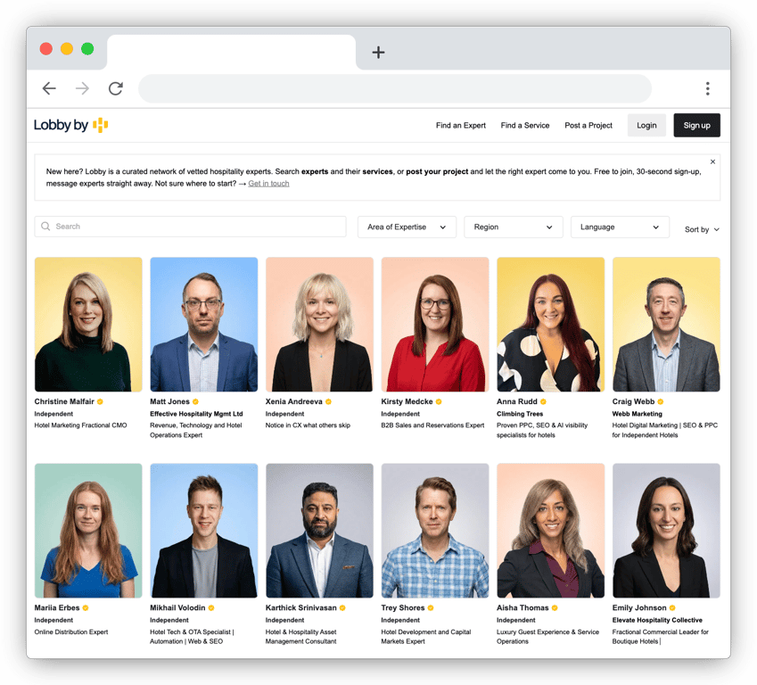 HotelMinder Lobby experts page showing profiles of vetted hospitality consultants available for hotel tech stack optimization projects