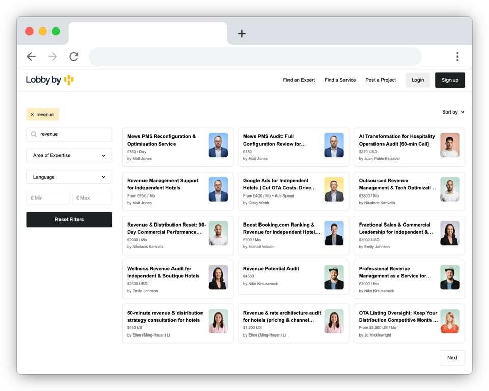 HotelMinder Lobby services page listing pre-packaged consulting services covering revenue management, marketing, technology and hotel operational efficiency