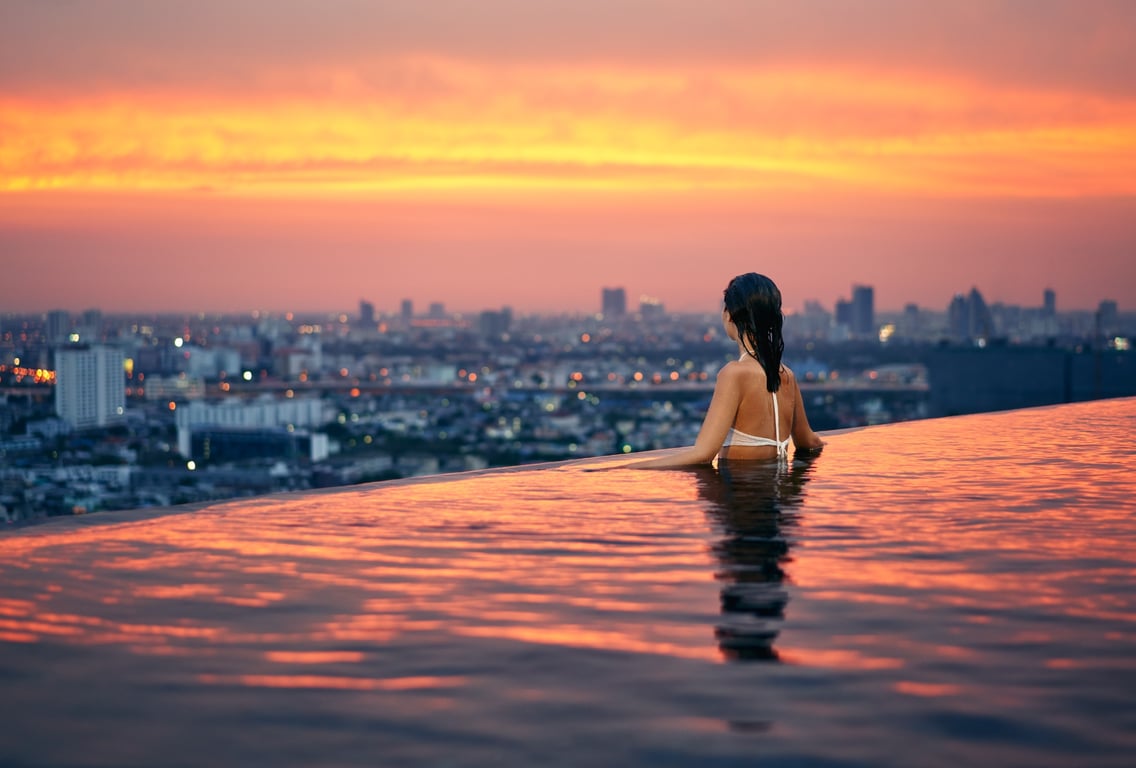Sunset by the pool in a luxury hotel