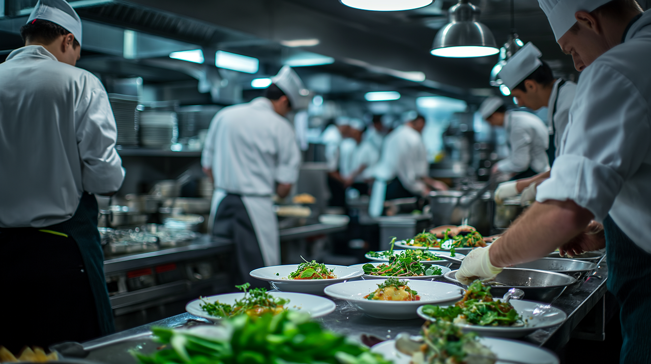 A half-blurred image of a hotel kitchen preparing sustainable meals for guests