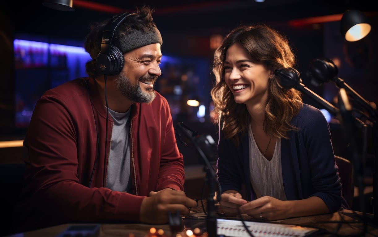 Two people talking on a mic and smiling during a hospitality podcast.
