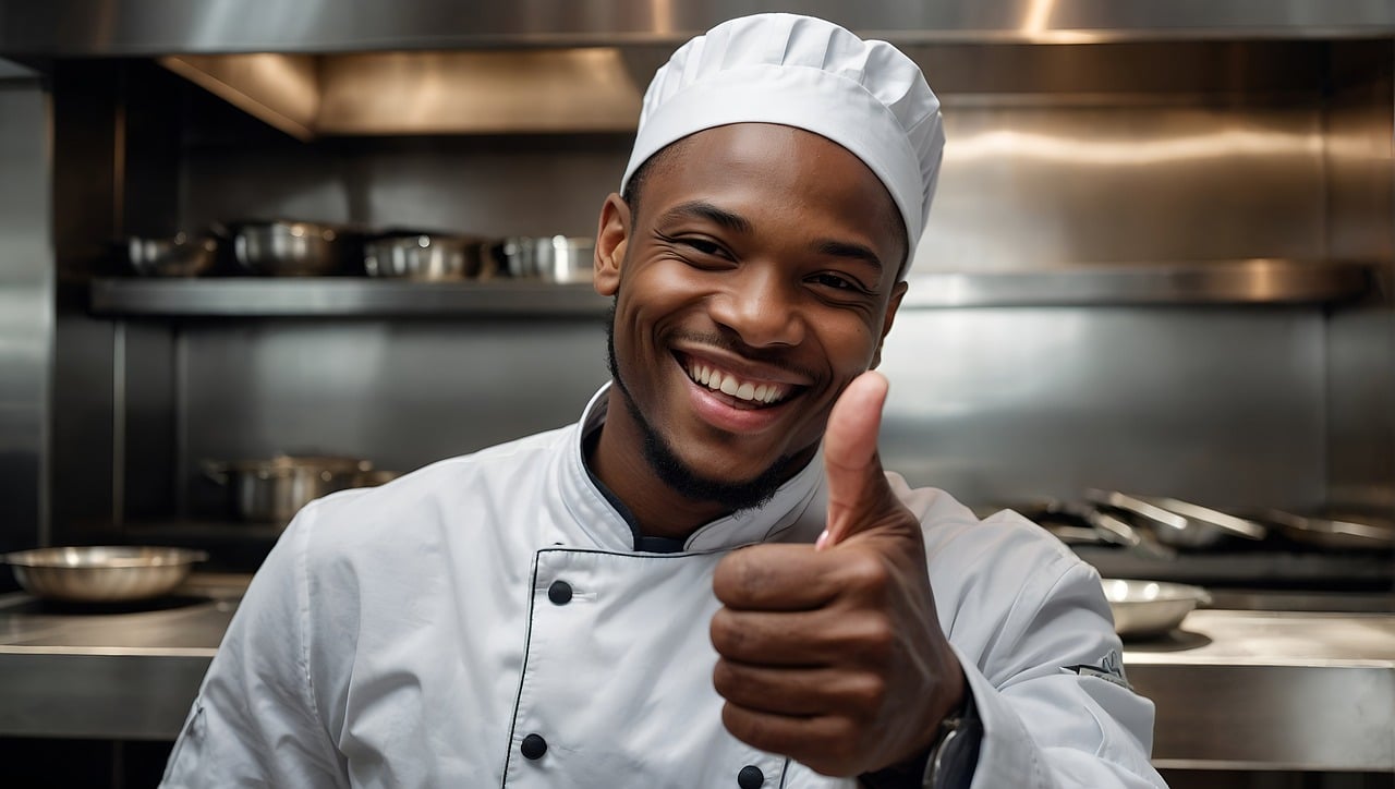 An AI-generated picture of a head chef smiling at the camera making a thumbs up sign from his hand