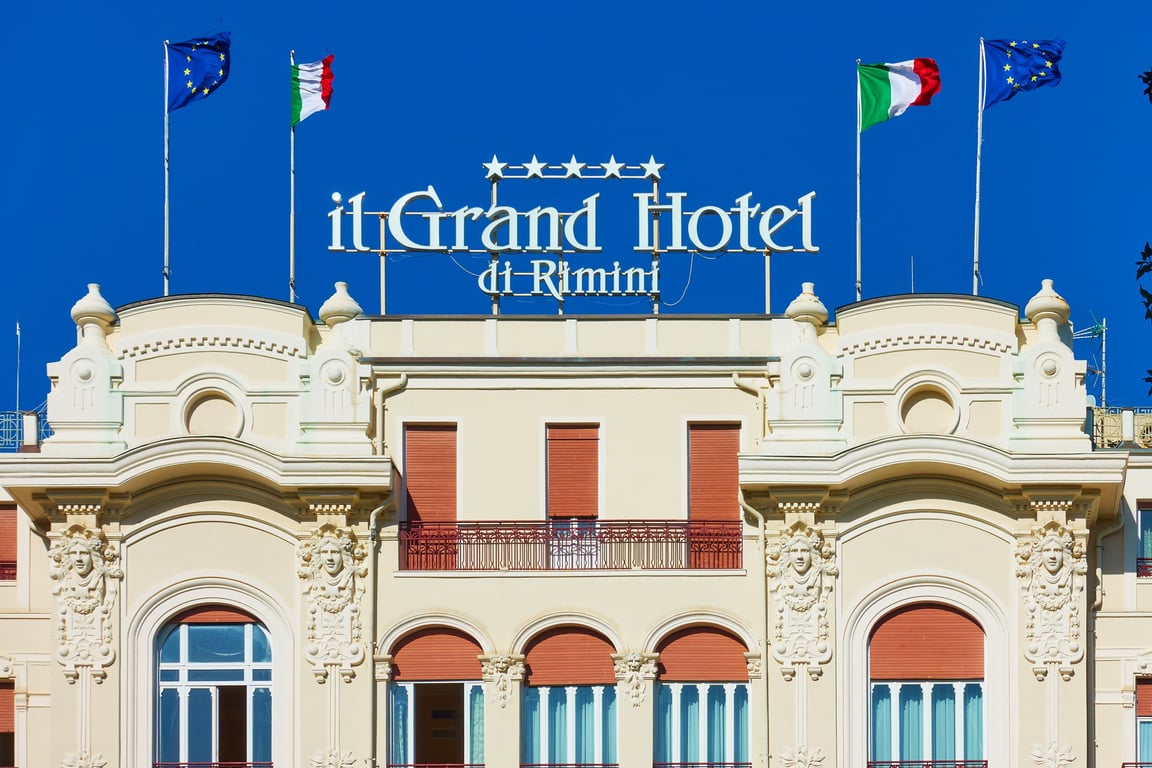 Exterior facade of il Grand Hotel di Rimini, a five-star property in Italy