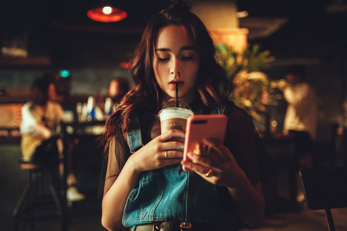 A young woman looking at her phone while sipping a cold beverage in a rustic cafe.