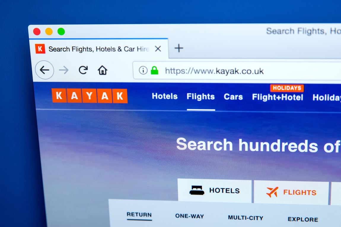 Web browser with KAYAK metasearch portal loaded
