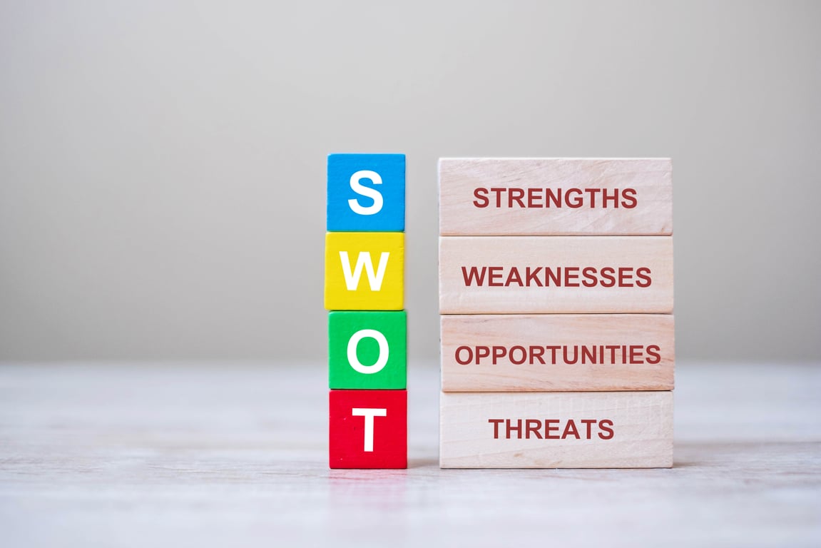 Colorful SWOT analysis blocks symbolizing strategic planning in the hotel industry