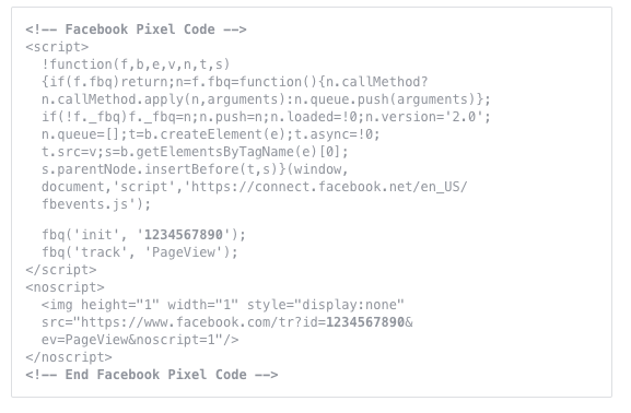 Code snippet for Facebook Pixel integration on website