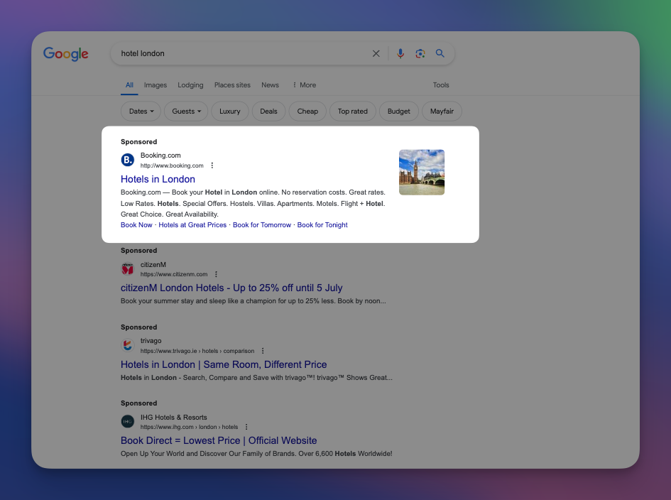 Screenshot of a Google search for "hotel London" with highlighted OTA advertisement displaying hotel options and booking details.