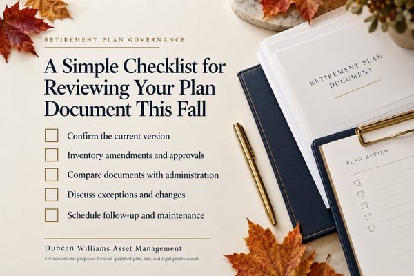 Fall-themed graphic listing a five-step checklist for reviewing a retirement plan document, with a pen and folder.