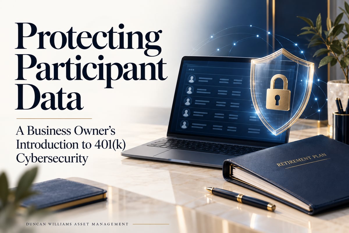 Laptop with a glowing shield and padlock hovering above it beside a retirement plan binder and pen on a desk.