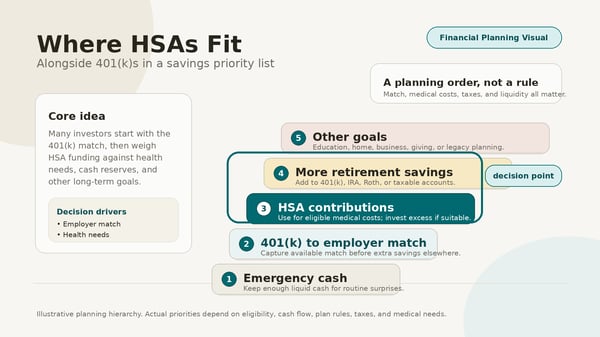 Where HSAs Fit Alongside 401(k)s in a Savings Priority List.