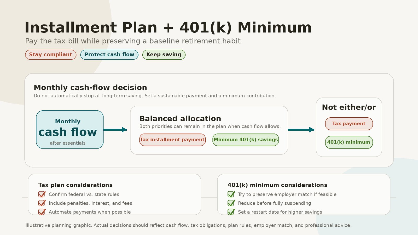 Using Installment Plans While Continuing Minimum 401(k) Savings