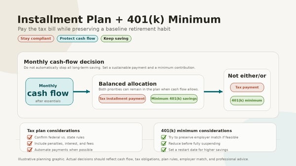Using Installment Plans While Continuing Minimum 401(k) Savings