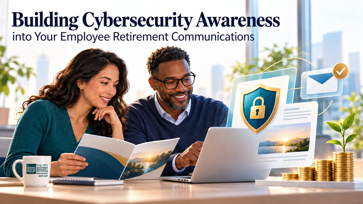 Two smiling colleagues review a retirement brochure at a laptop with a floating shield and padlock icon.
