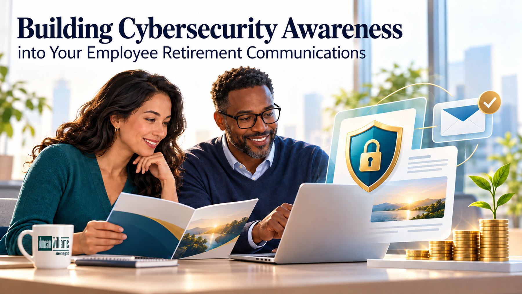 Two smiling colleagues review a retirement brochure at a laptop with a floating shield and padlock icon.