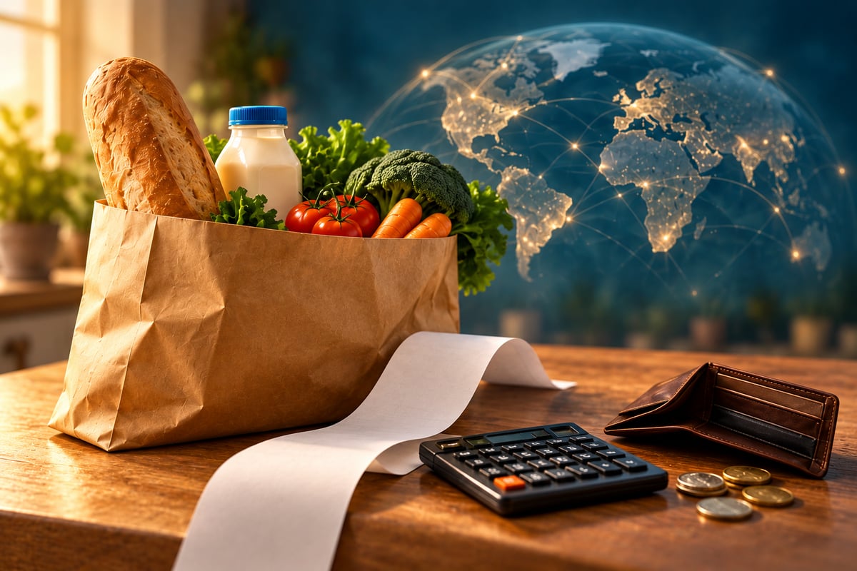 Paper bag of groceries with a long receipt, calculator, wallet, and coins on a wooden table before a glowing world map