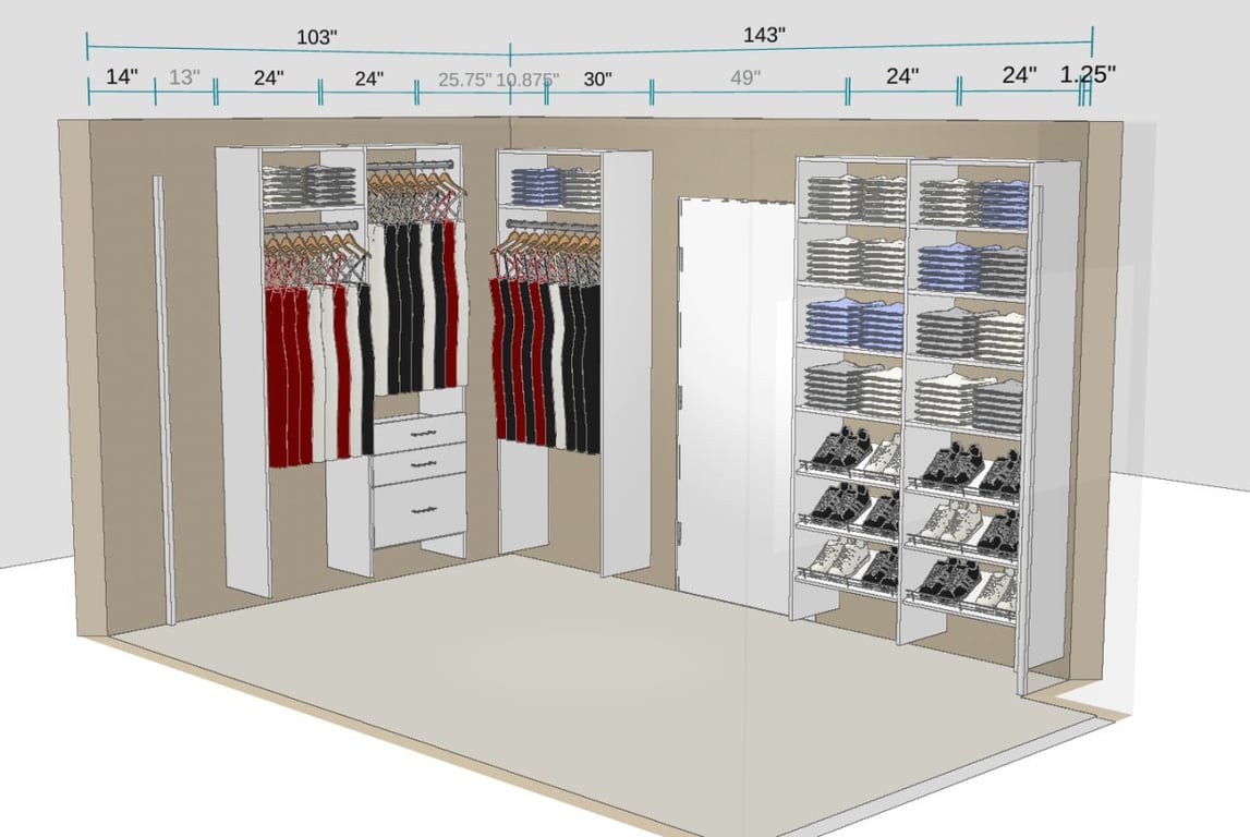 Custom walk-in closet with two walls.