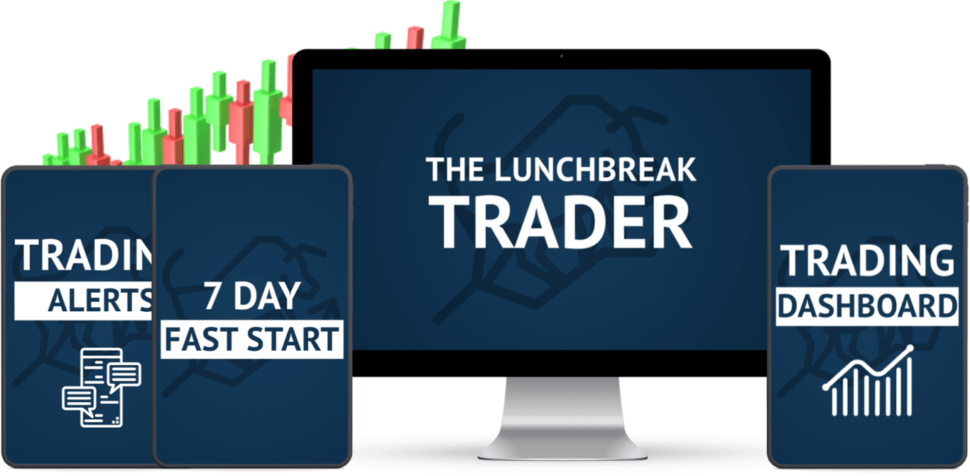 Lunchbreak Trader Bull logo on desktop, mobile, and tablet screens