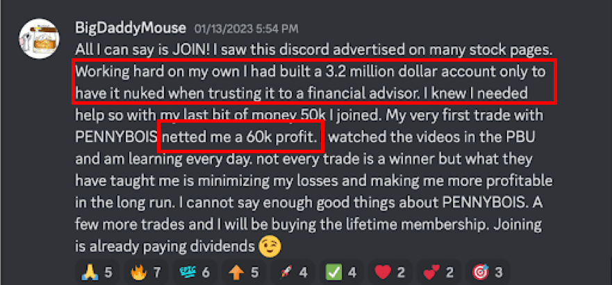 Testimonial from PB Alerts member BigDaddyMouse - My very first trade with PENNYBOIS netted me a 60k profit. (01/13/2023)