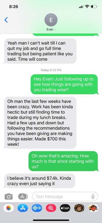 Text message from PB Alerts member Evan detailing $7.4K profit after joining
