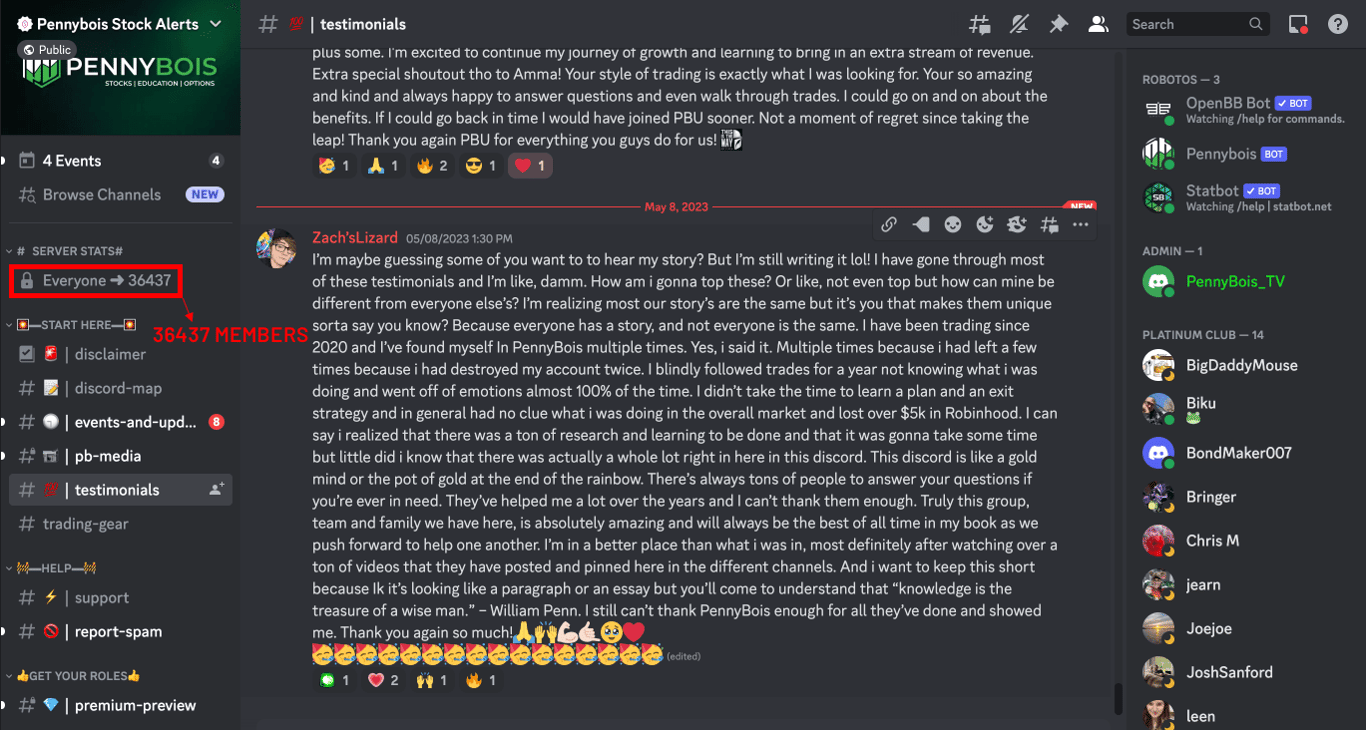 Screenshot of PB Alerts official Discord Server with testimonials from members