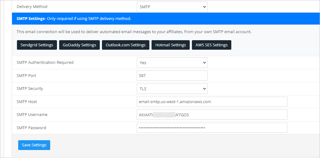 aws simple email service SES SMTP settings for idevaffiliate