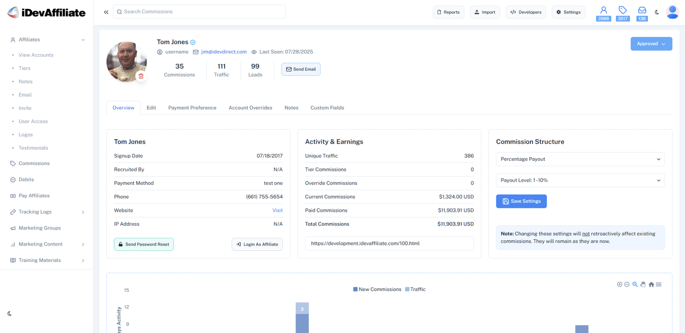Dashboard screenshot of an affiliate record in the new iDevAffiliate admin theme.