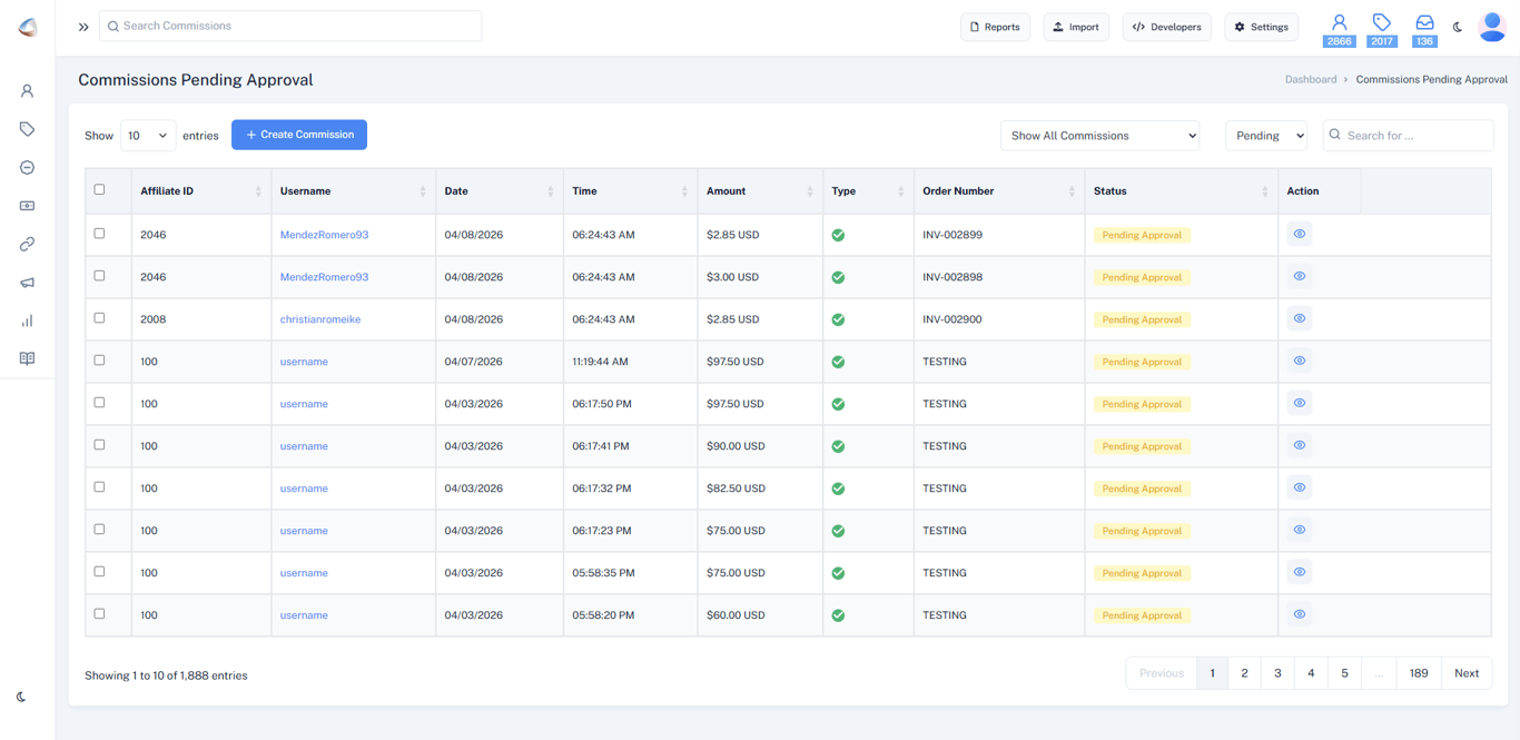 Dashboard view listing affiliate commissioning accounts that are pending approval in the new iDevAffiliate dashboard theme.