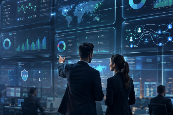 Two affiliate marketers looking at metric movements on their affiliate program management dashboard of their affiliate marketing program for the finance industry.
