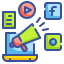Icon of a laptop with a loudspeaker announcing towards the social platforms to represent wellness brands affiliate marketing on social platforms through brand ambassadors.