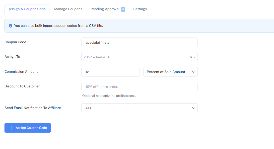 Dashboard view of the coupon code commissioning feature on our affiliate software.