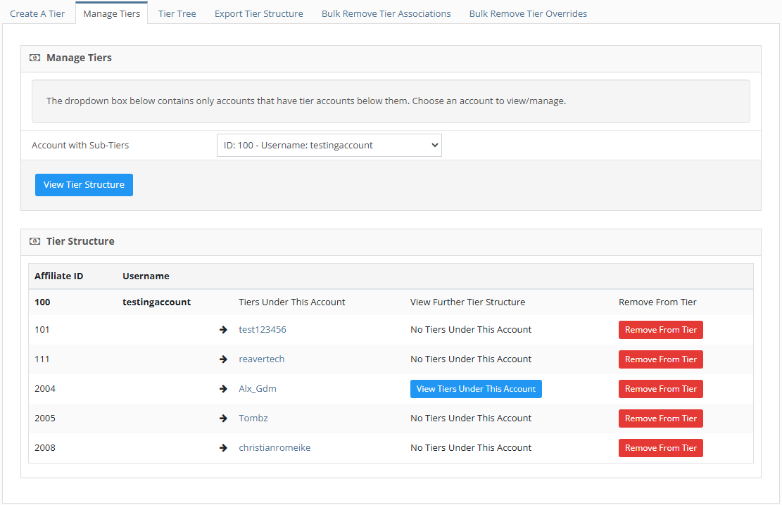 manage your affiliate tier downlines