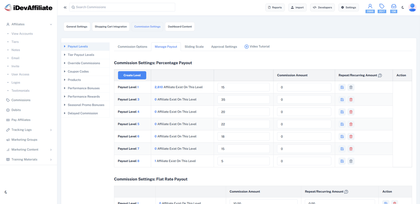 Dashboard view of affiliate commission structures in the iDevAffiliate admin dashboard.
