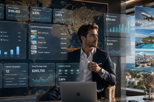 A travel affiliate marketer monitoring metric movement on his affiliate management software for his travel affiliate program.