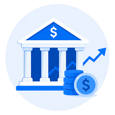 A parliamentary building and cash icon to represent the finance industry where our affiliate software for finance provides affiliate program management solutions.