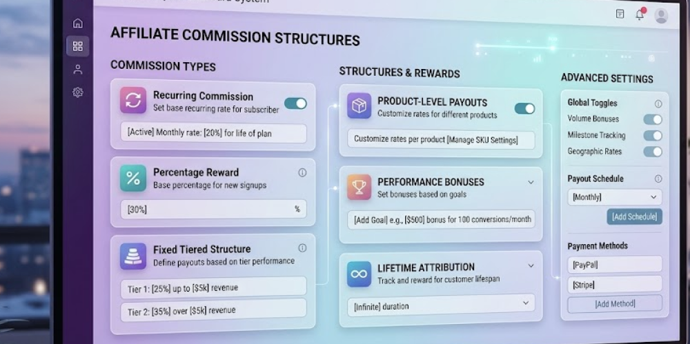 Image of the affiliate software dashboard for managing affiliate commission structures of your finance affiliate marketing program.