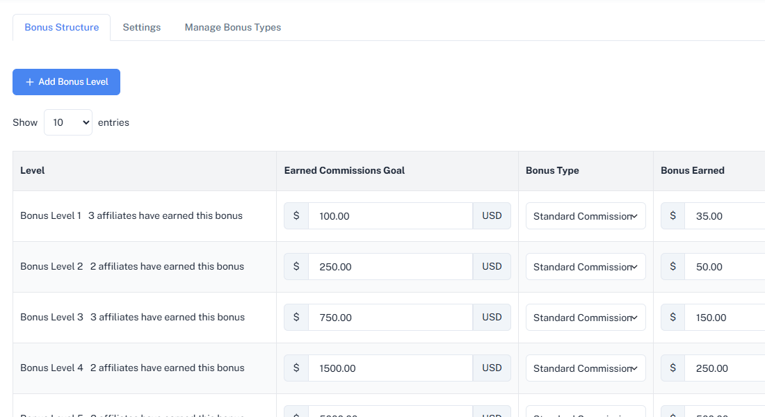 Dashboard view of the affiliate rewards feature on our affiliate software.