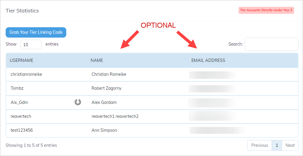 affiliate dashboard showing affiliate recruitng downlines