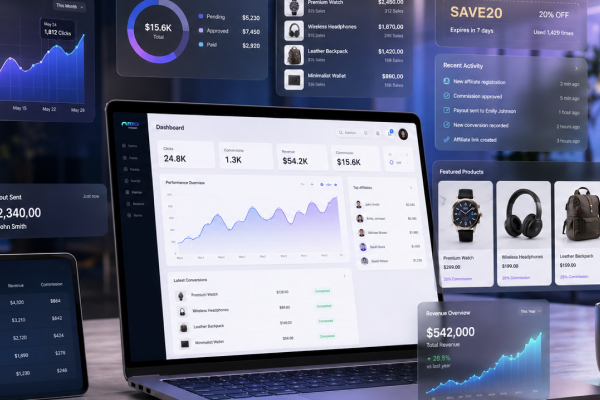 Affiliate software dashboard view of an ecommerce affiliate program reflecting the performance metrics.