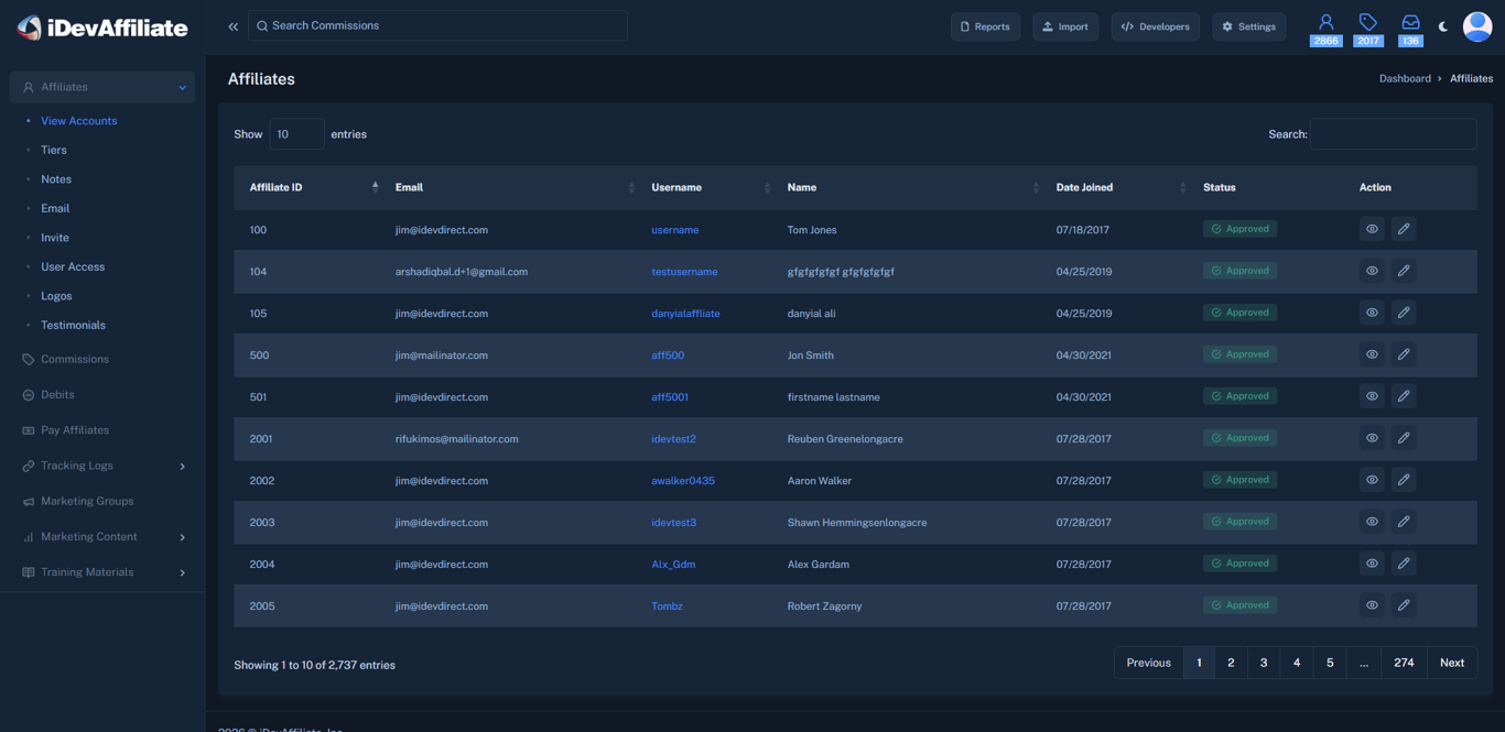 Dashboard view of the dark mode option in the new iDevAffiliate management dashboard.