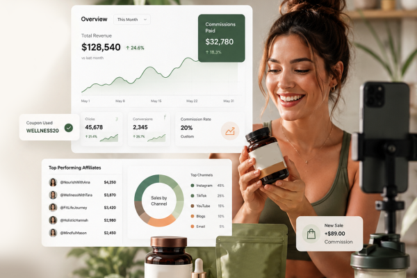 A group of affiliate marketers that are also influencers and content creators looking at metric movements on their affiliate management software of their wellness affiliate campaign.