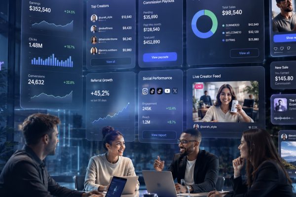 A group of affiliate marketers that are also influencers and content creators looking at metric movements on their affiliate management software of their influencer affiliate campaign.