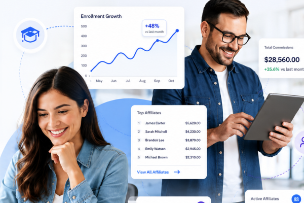 A group of affiliate marketers checking their personalized dashboards of their education affiliate programs on the iDevAffiliate management software.