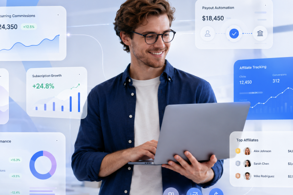 An affiliate marketer on his laptop which has his affiliate software for SaaS brands on it so he can manage his SaaS affiliate marketing program.