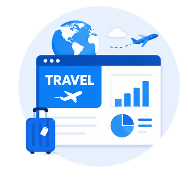 A suitcase, airplane and globe icon to represent the affiliate travel industry where our travel affiliate software provides affiliate program management solutions.